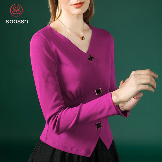 新款法式V领十字扣长袖衬衫J663 商品图0