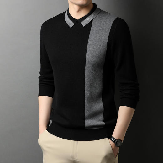 BP-1970 羊毛衫男假两件秋季新款时尚撞色长袖翻领毛衣中年上衣打底衫男装 商品图3