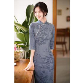 2022年秋季中长袖雕花麂皮绒气质修身改良旗袍MYJ