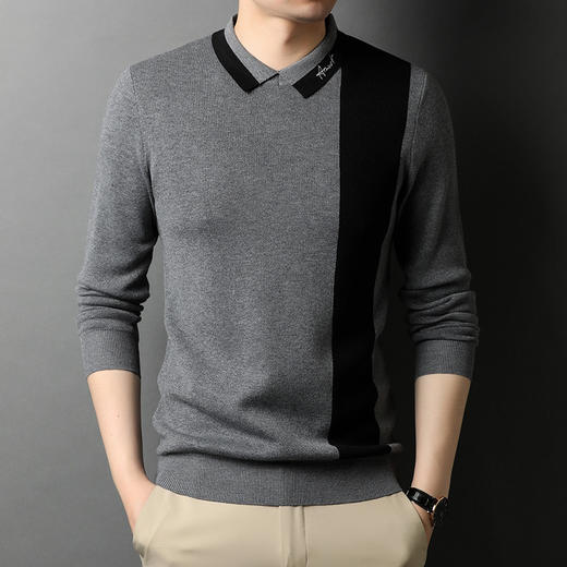 BP-1970 羊毛衫男假两件秋季新款时尚撞色长袖翻领毛衣中年上衣打底衫男装 商品图2