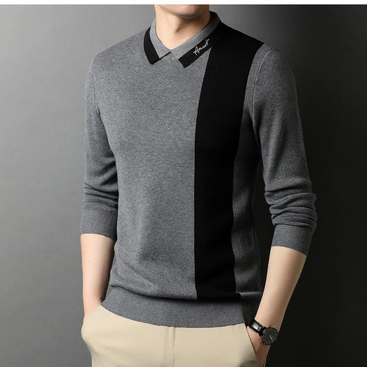 BP-1970 羊毛衫男假两件秋季新款时尚撞色长袖翻领毛衣中年上衣打底衫男装 商品图1