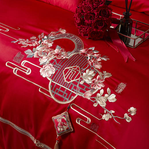 喜庆中国红婚庆六件套百支棉绣花工艺和和睦睦 商品图1