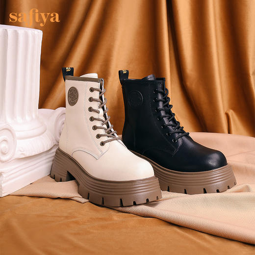 【新品特惠】Safiya/索菲娅 英伦风机车靴女2022年冬季新款厚底系带真皮马丁靴 SF24116139 商品图11