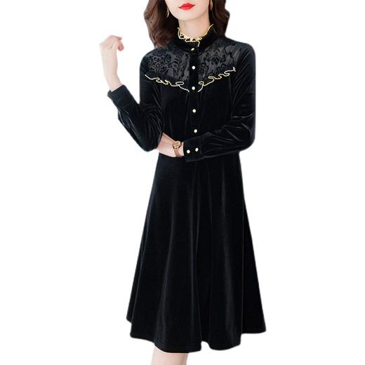 XY-AS6530 2022秋季新款气质优雅蕾丝拼接长袖过膝中长款裙子复古丝绒连衣裙 商品图4