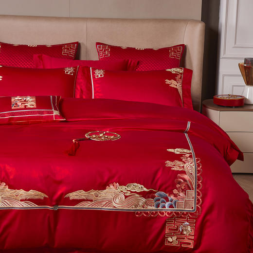 喜庆中国红婚庆六件套百支棉绣花工艺双喜临门 商品图1