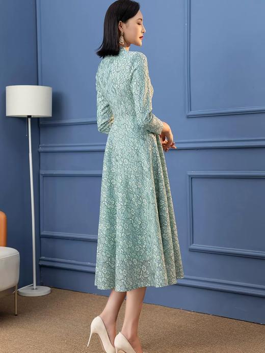 SSGS-S233LLQ158H70新款高端优雅气质收腰V领长袖绿色蕾丝连衣裙 商品图3
