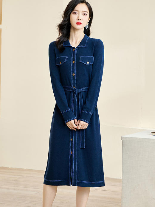 米思阳2024秋季新款时尚通勤长袖针织裙子明线装饰收腰连衣裙3289 商品图2