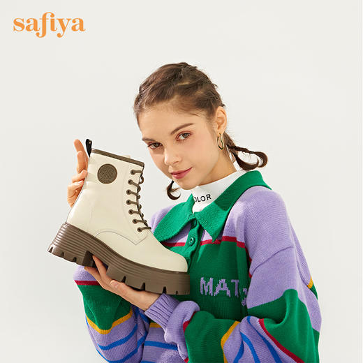 【新品特惠】Safiya/索菲娅 英伦风机车靴女2022年冬季新款厚底系带真皮马丁靴 SF24116139 商品图0