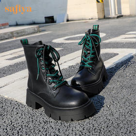 【春节不打烊】Safiya/索菲娅 黑色马丁靴2022年冬季新款小众双系带厚底粗跟真皮短靴女 SF24116098