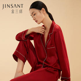 金三塔19姆米重磅真丝睡衣 手动钉珠长袖长裤睡衣套红色家居服女  YSFBA203