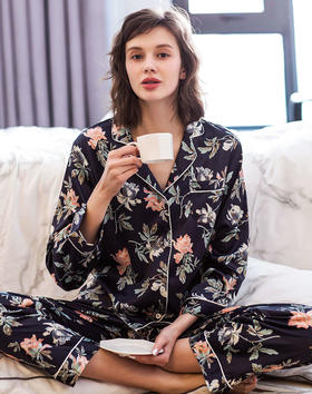 【专柜同款】爱帝女士轻奢缎面高光印花长袖长裤套