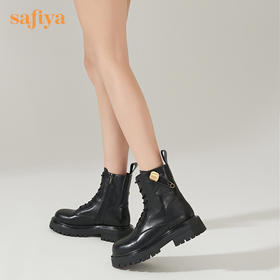 【春节不打烊】Safiya/索菲娅 真皮黑色短靴2022年冬季新款潮酷小众扣针英伦机车马丁靴 SF24116118