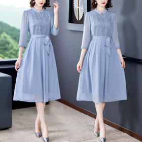 NYL3231时尚气质修身显瘦立领七分袖雪纺蕾丝连衣裙