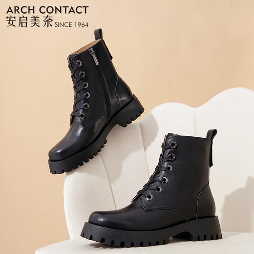 ARCHCONTACT安启美奈圆头舒适牛皮系带马丁靴52780 商品图3