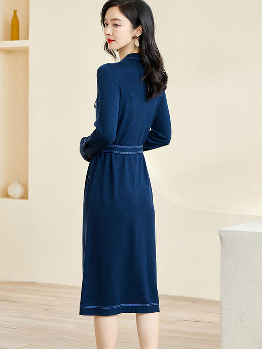 米思阳2024秋季新款时尚通勤长袖针织裙子明线装饰收腰连衣裙3289 商品图3