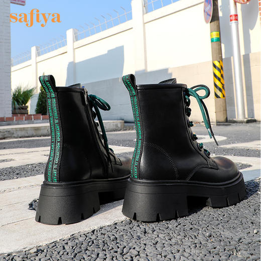 【春节不打烊】Safiya/索菲娅 黑色马丁靴2022年冬季新款小众双系带厚底粗跟真皮短靴女 SF24116098 商品图1