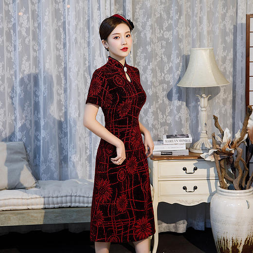 Q209 2022春夏新款亮丝绒长款旗袍连衣裙时尚复古修身改良旗袍 商品图1