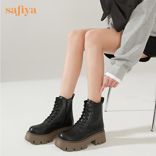 【新品特惠】Safiya/索菲娅 英伦风机车靴女2022年冬季新款厚底系带真皮马丁靴 SF24116139 商品图6
