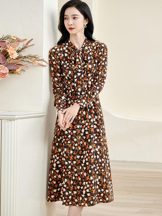 剩S/XXL 米思阳2024秋新款知性优雅系带领碎花连衣裙大摆针织中长裙3173 商品图3