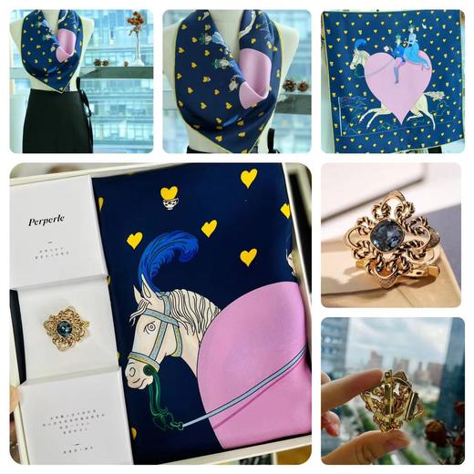 【甄珠贝·时尚高级感系列】 70*70cm斜纹绸【爱心下午茶】丝巾和【宫廷风施华洛世奇】丝巾扣 商品图2