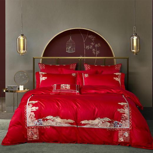 喜庆中国红婚庆六件套百支棉绣花工艺双喜临门 商品图0