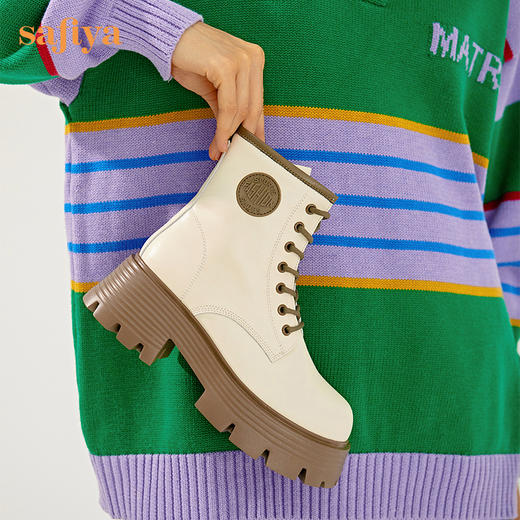 【新品特惠】Safiya/索菲娅 英伦风机车靴女2022年冬季新款厚底系带真皮马丁靴 SF24116139 商品图2