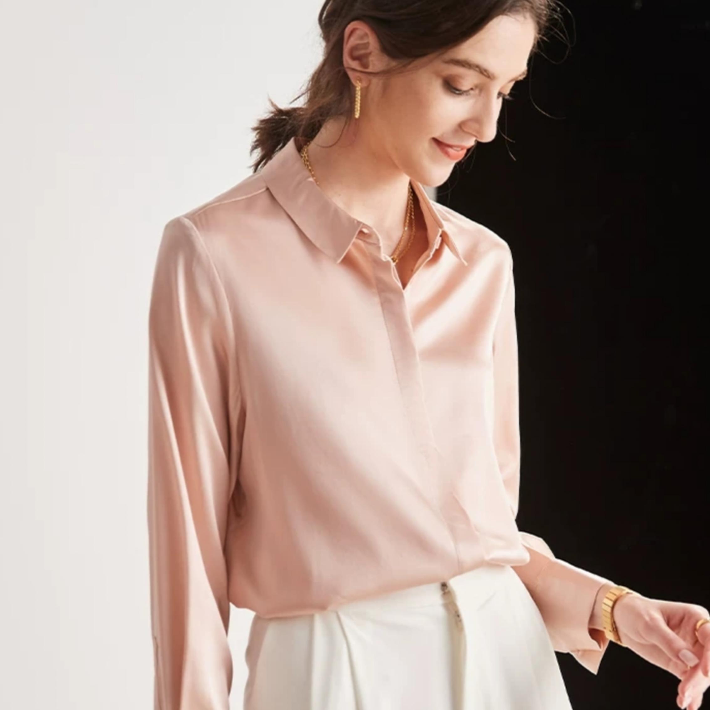 YANECINE 真丝丝滑缎面暗扣衬衫