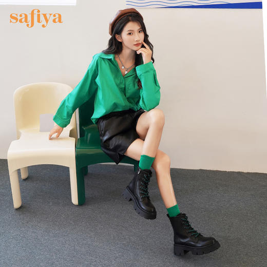 【春节不打烊】Safiya/索菲娅 黑色马丁靴2022年冬季新款小众双系带厚底粗跟真皮短靴女 SF24116098 商品图5