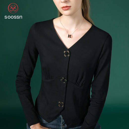 新款法式V领十字扣长袖衬衫J663 商品图1