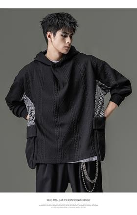 PINLI品立裁魂拼接撞色连帽卫衣秋季新款男提花针织休闲上衣BC243109109