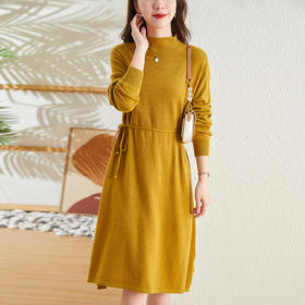 纯色优雅，羊毛半高领长袖收腰针织连衣裙SM-82298288