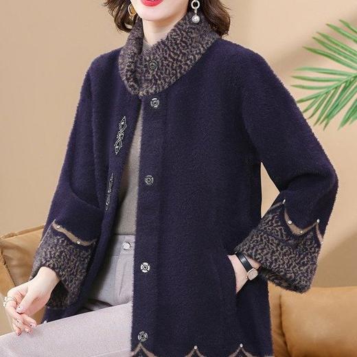 SJG-3359080990 秋冬新款水貂绒洋气立领外套女胖妈妈加大码中长款毛呢大衣 商品图3