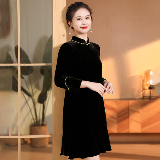 真丝丝绒改良宽松九分袖大摆纯色国风连衣裙AYK-QF-220712 商品图2