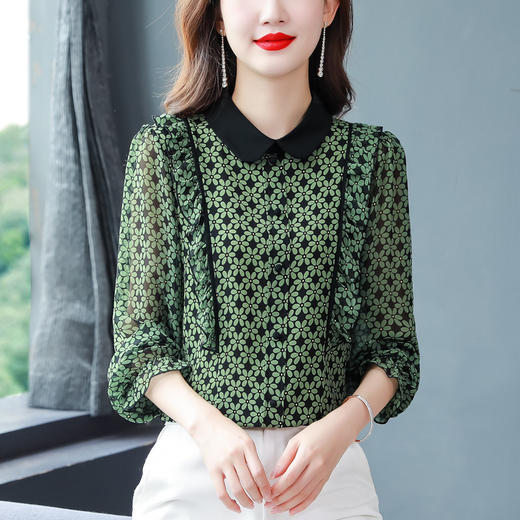 KQL E216N003气质撞色翻领拼接荷叶边百搭碎花衬衫 商品图2