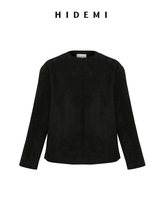 HIDEMI 黑色极简圆领麂皮中短款皮衣外套 商品图5