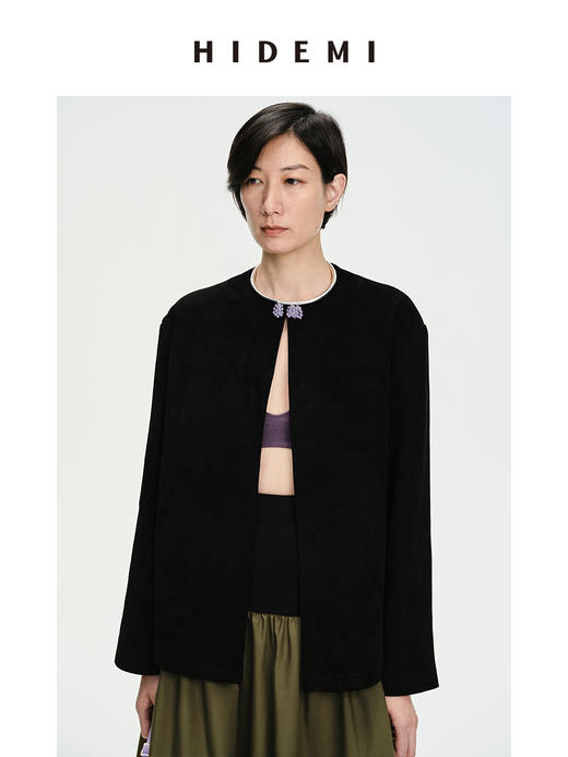 HIDEMI 黑色极简圆领麂皮中短款皮衣外套 商品图0