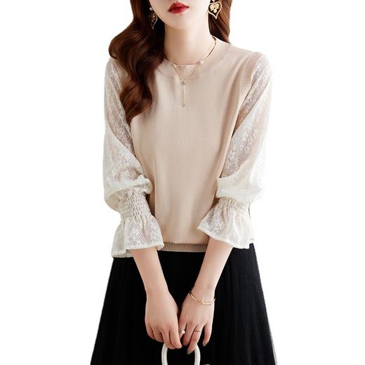 喇叭泡泡袖蕾丝针织衫时尚洋气拼接圆领别致上衣 MGG-XMYQ-Q079 商品图4