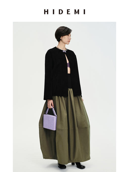 HIDEMI 黑色极简圆领麂皮中短款皮衣外套 商品图1