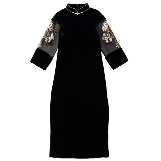 AYK QF-220810 真丝丝绒拼接欧根纱绣花长款旗袍九分袖国风连衣裙2022秋冬女装 商品图4