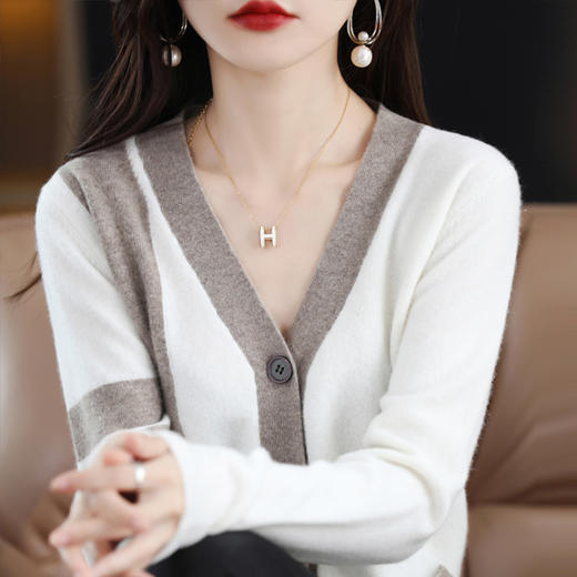 秋冬新款开衫V领撞色外穿毛衣宽松百搭针织外套HT-YX3351-3 商品图3