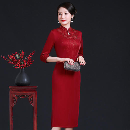 JC-62308秋冬季新款中长款喜婆婆婚礼装婚礼裙立领连衣裙 商品图3