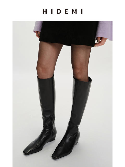 HIDEMI 黑色牛皮/麂皮经典款方尖头内增高长靴 商品图0