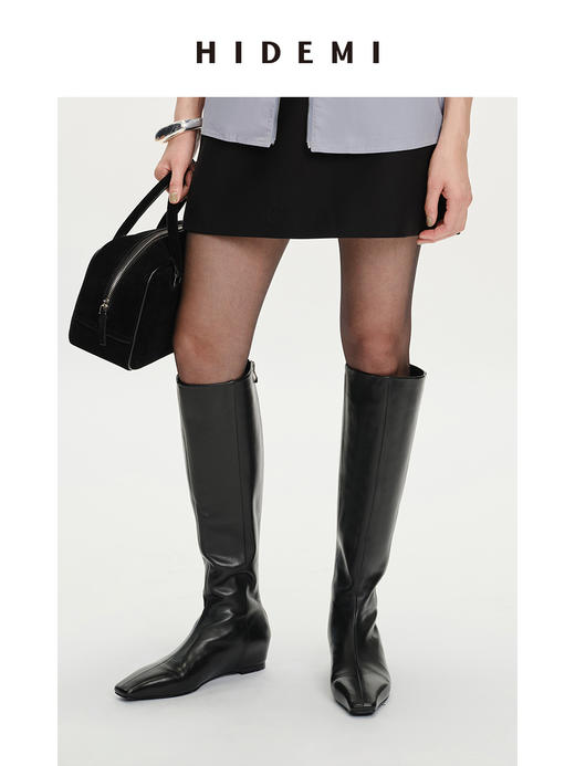 HIDEMI 黑色牛皮/麂皮经典款方尖头内增高长靴 商品图3