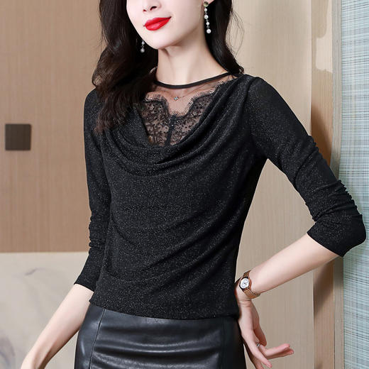 秋季打底衫，新款亮丝上衣V领长袖修身t恤欧货时尚洋气小衫KQL-8221 商品图3