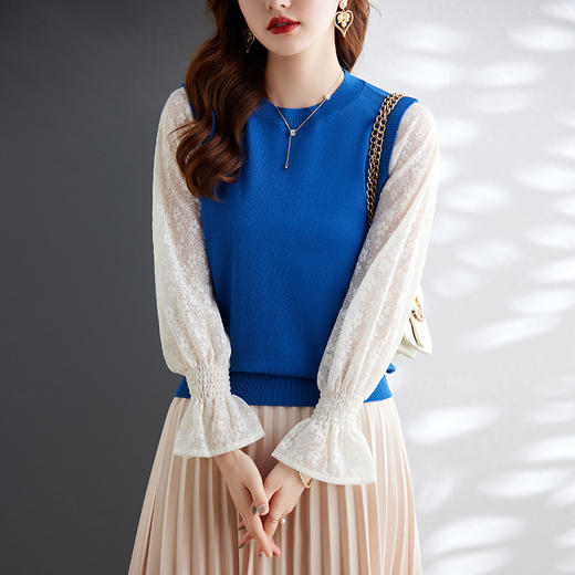 喇叭泡泡袖蕾丝针织衫时尚洋气拼接圆领别致上衣 MGG-XMYQ-Q079 商品图0