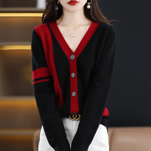 秋冬新款开衫V领撞色外穿毛衣宽松百搭针织外套HT-YX3351-3 商品图0