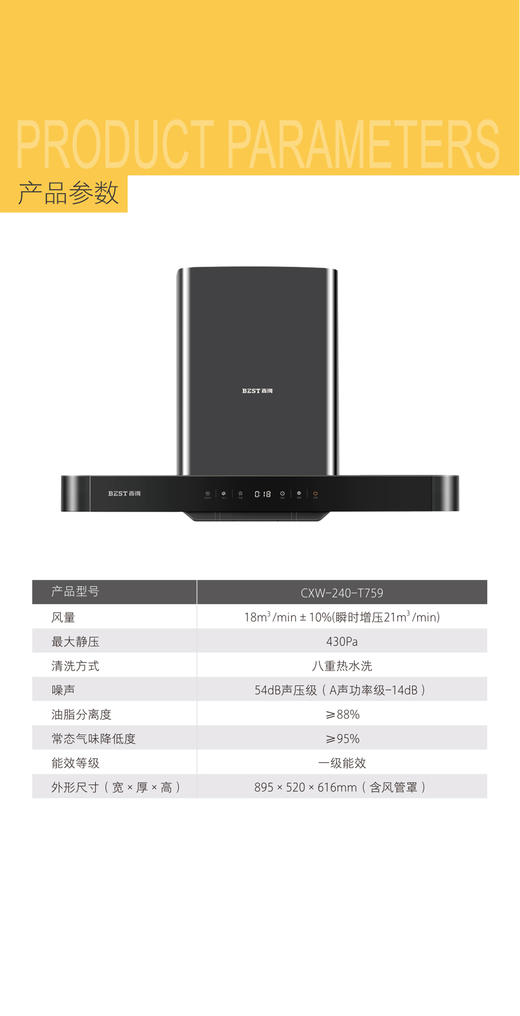 百得油烟机CXW-240-T759  顶吸   手势智控 欧式  一级能效 商品图9