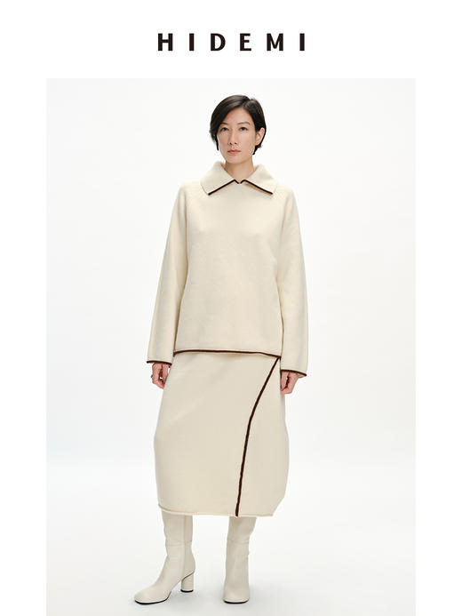 HIDEMI 美利奴羊毛加厚款极简线条感镶嵌拼色针织翻领毛衣半身裙茧型裙套装 商品图2