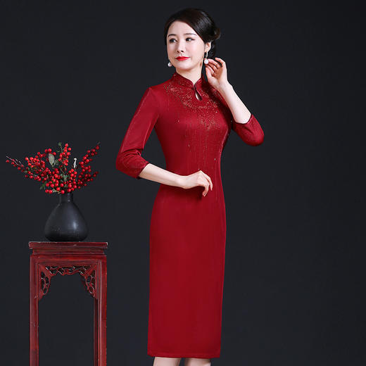 JC-62308秋冬季新款中长款喜婆婆婚礼装婚礼裙立领连衣裙 商品图1