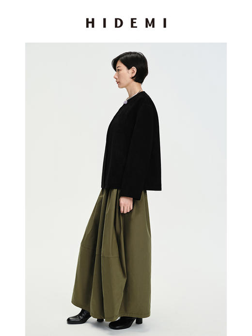 HIDEMI 黑色极简圆领麂皮中短款皮衣外套 商品图2